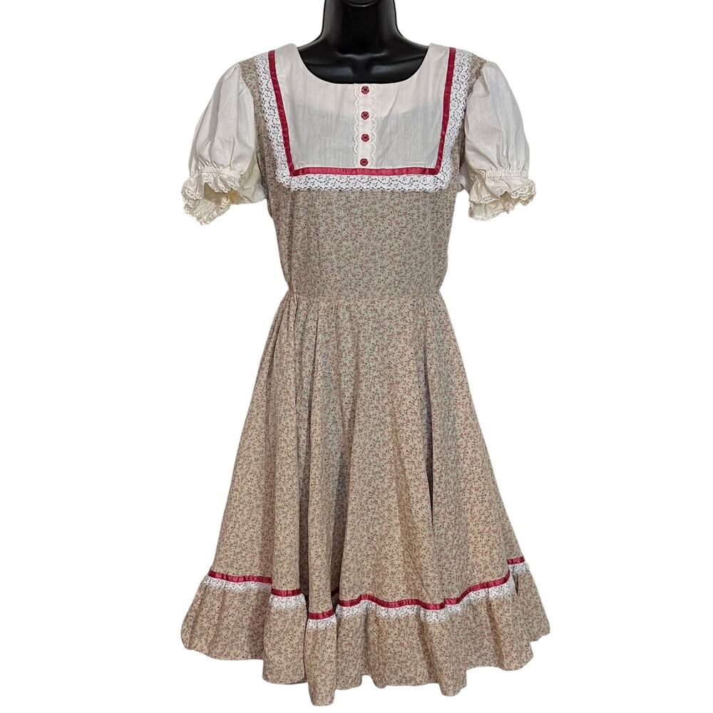 Vtg 70s Jeri Bee Prairie Dress M Calico Floral Lace Ribbon Cottagecore Peasant